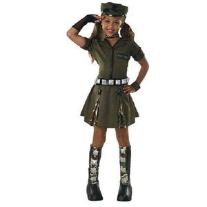 "RUBIES" MILITARY GREEN MAJOR FLIRT KIDS DRESS & HAT COSTUME SIZE: L 10/12
